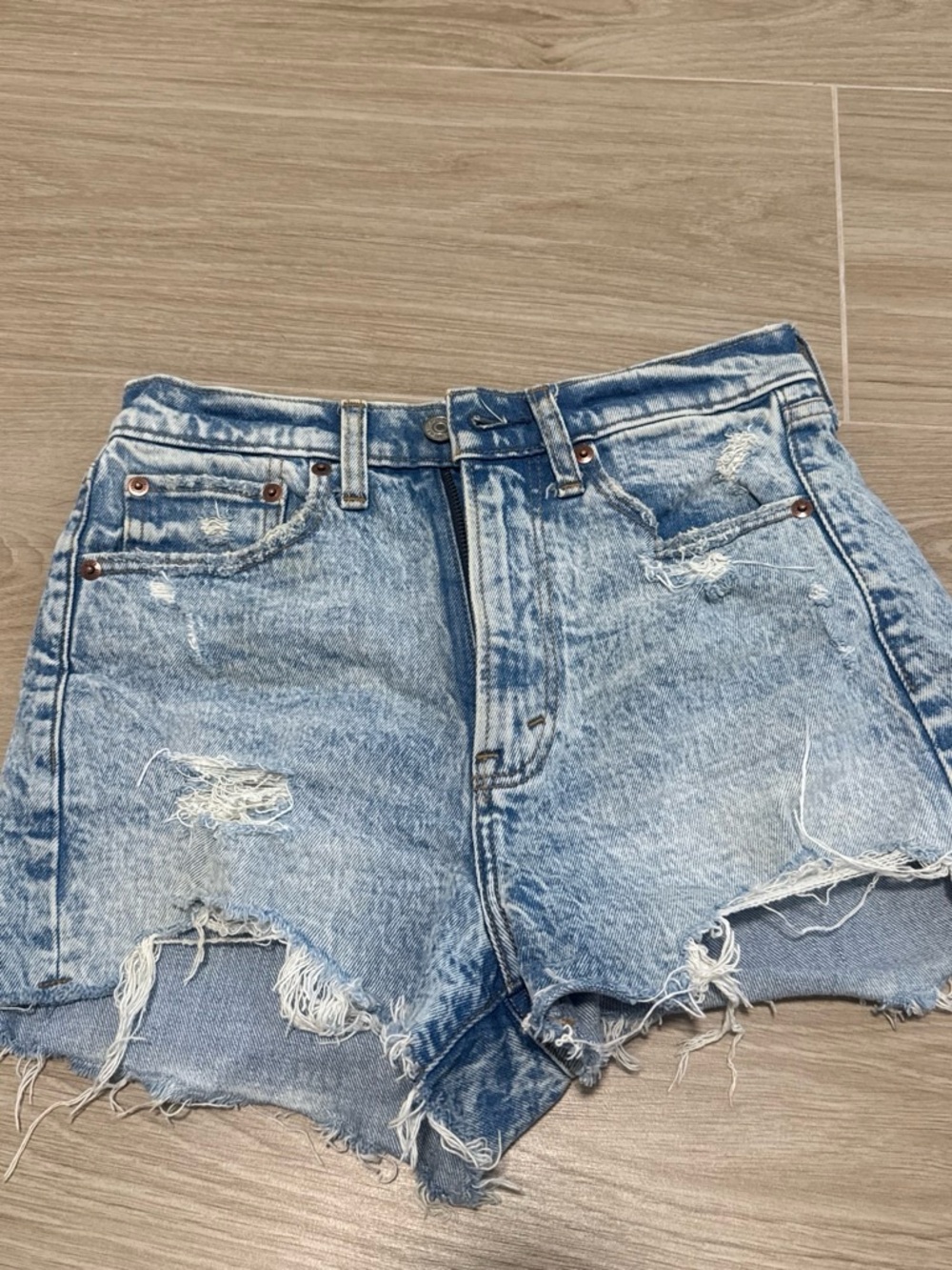 Abercrombie High-Rise Distressed Denim Shorts - Light Blue